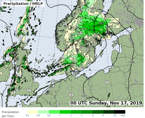 Forecast chart with front in the North Sea