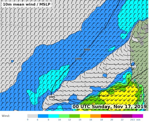 Forecast chart of winds around front