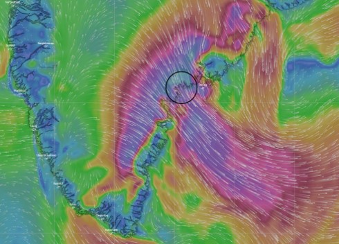 Forecast chart of winds over Southern Greenland